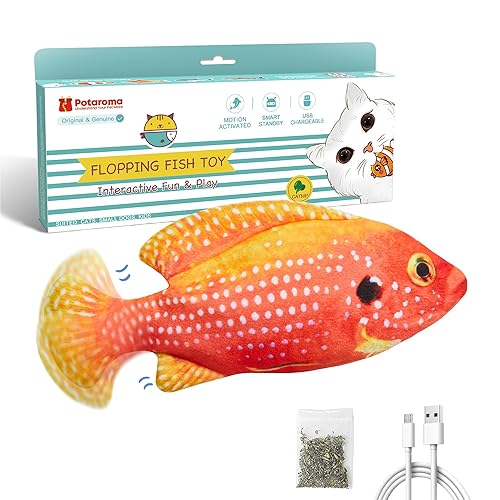 Potaroma Flopping Fish Cat Toy, Interactive Moving Floppy Fish Toy for Cats, Catnip & Silvervine Enrichment, Kitten Kicker Indoor Exercise Toys, Gemfish for All Breeds - Gemfish