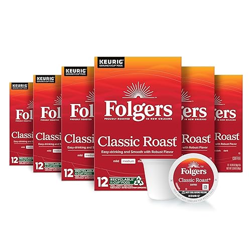 Folgers Classic Roast Medium Roast Coffee, 72 Keurig K-Cup Pods - Classic Roast - 12 Count (Pack of 6)
