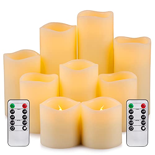 RY King Battery Operated Flameless Candle Set of 9 Real Wax Pillar Decorative Led Fake Candles with Remote Control and Timer (D3 x H3, 3", 4", 4", 5", 5", 6", 7", 8") - Ivory