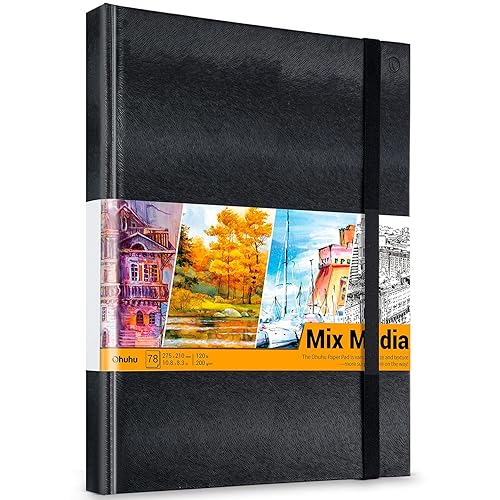 Mix Media Pad, Ohuhu 10.8"x8.3" Mixed Media Art Sketchbook, 120 LB/200 GSM Heavyweight Papers, 78 Sheets/156 Pages, PU Hardcover Mixed Media Paper Pad for Acrylic, Painting Christmas Gift - 10.8×8.3 IN