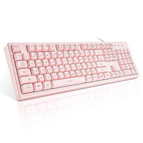 Basaltech Pink Keyboard with 7-Color LED Backlit, 104 Keys Quiet Silent Light Up Keyboard, 19-Key Anti-Ghosting Cheap Gaming Keyboard Mechanical Feeling Waterproof Wired USB for Computer, Mac, Laptop - Pink
