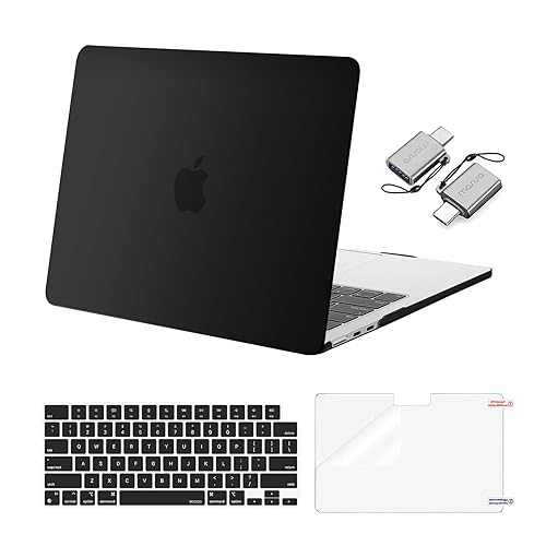 MOSISO Compatible with MacBook Air 13 inch Case 2024 2023 2022 M3 A3113 M2 A2681 Touch ID, Plastic Hard Shell&Keyboard Cover&Screen Film&Type C Adapter for MacBook Air 13.6 inch Case, Black - Black