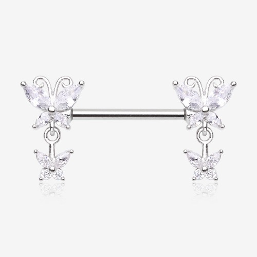 A Pair of Marquise Butterfly Duo Sparkle Dangle Nipple Barbell | Clear/White / 14 GA (1.6mm), 1/2" (12mm)