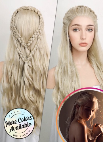 Game of Thrones Daenerys Targaryen Wavy Light Ash Blonde Braided Lace Front Synthetic Wig LF2021 | C101