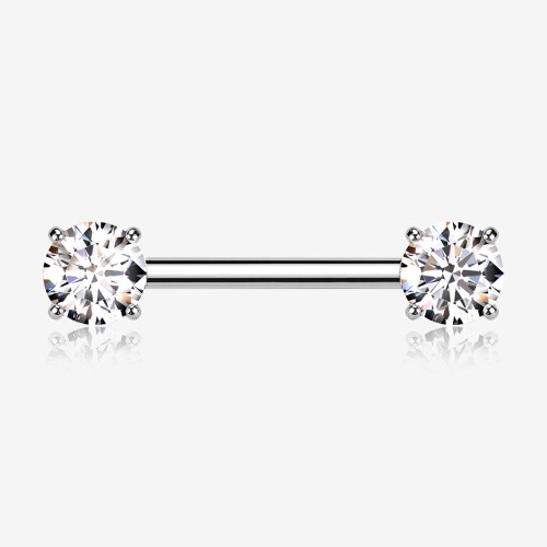 A Pair of Implant Grade Titanium OneFit Threadless Prong Gem Sparkle Nipple Barbell | Clear/White / 14 GA (1.6mm), 1/2" (12mm)