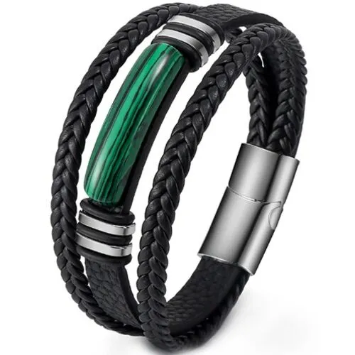 ***COI Titanium Black Silver Green Malachite/Turquoise Genuine Leather Bracelet With Steel Clasp(Length: 8.27 inches)-01246AA