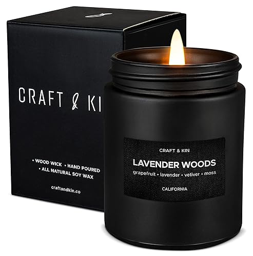 Craft & Kin Premium Lavender Woods Candle | Black Scented Candles for Men | Long Lasting with 45 Hour Burn Time, 7.6oz | Made with Soy | Aromatherapy at Home | Gifts for Men - Lavender Woods - Black Jar - 7.6oz