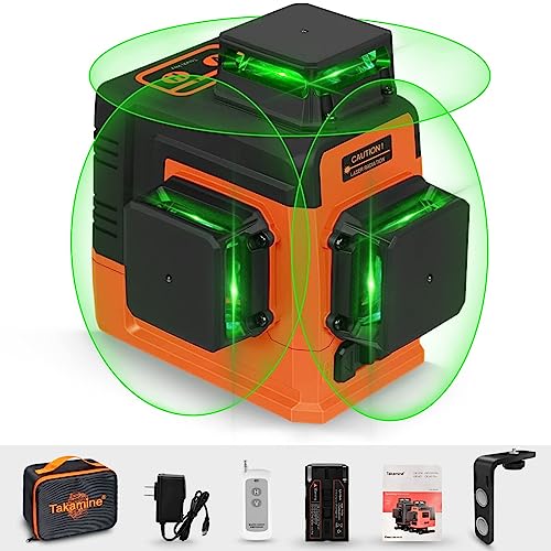 Takamine 12 Lines Laser Level Self Leveling 3x360° 3D Green Cross Line for Construction/Picture Hanging, Remote Controller, Rechargeable Li-ion battery, Magnetic Stand and portable bag - 3x360° 12line