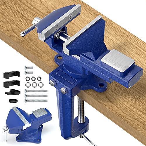 Shangyoyi 2-in-1 Bench Vise For Workbench 3.2"- Multi-functional Portable 360° Swivel Base Clamp On Vice/Table Vise For Woodworking, Cutting Conduit, Drilling, Metalworking, Blue - 3.2inch