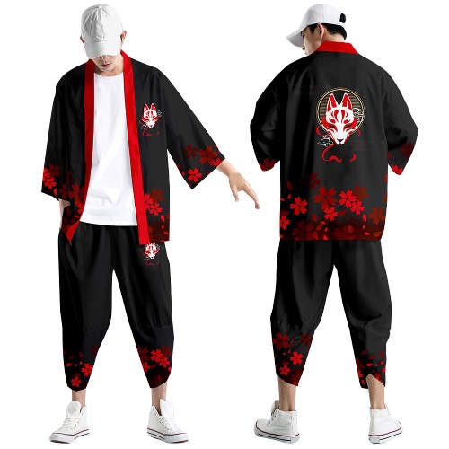 Mens Japanese Kimono Coat Suits Loose Open Front Seven Sleeve Kimono Cardigan Jacket with Shorts Plus Size - X-Large Black