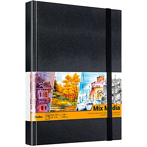Ohuhu Mix Media Pad, 10"x7.4" Mixed Media Art Sketchbook, 120 LB/200 GSM Heavyweight Papers, 78 Sheets/156 Pages, PU Hardcover Mixed Media Paper Pad for Acrylic, Painting Christmas Gift - 10x7.4 IN