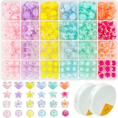 400 Pcs Macaron Colors Acrylic Pastel Beads Star Beads Hart Beads Flower Hair Beads with Elastic Thread Crystal Rondelle Bead Assorted Cute Kawaii Aesthetic Beads for Bracelet Jewelry Making - Macaron