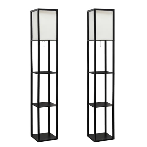 Simple Designs LF1014-BLK-2PK Three Shelf Etagere Organizer Storage Floor Lamp 2 Pack Set with White Linen Shade for Living Room, Bedroom, Office, Hallway, Black - Black - 2