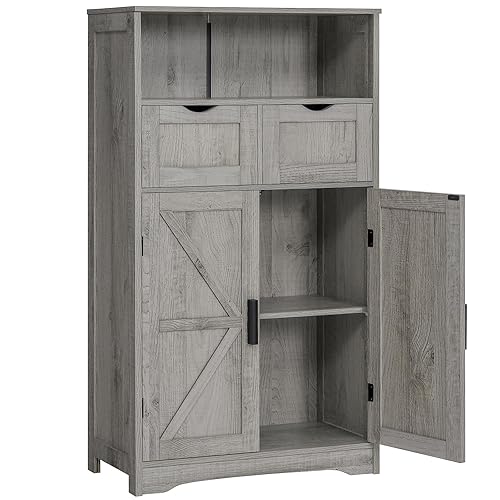 WEENFON Bathroom Cabinet, Storage Cabinet with 2 Adjustable Drawers & 2 Barn Doors, Standing Cupboard with 2 Shelf, Floor Cabinet for Living Room, Home Office, Kitchen, Grey - Grey