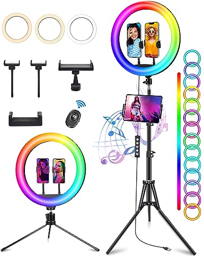 STALLY 13.3" Ring Light with Stand, Music Mode, 75" Tall with 3 Phone Holder, 3 CCT Modes & 48 RGB Color Modes, Ring Light Tripod for iPhone with Wireless Remote, Great for Photograph/Makeup/TikTok - 13.3" ring light