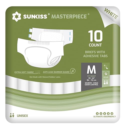 SUNKISS Masterpiece Adult Diapers with Tabs, Unisex Disposable Incontinence Briefs for Women and Men, Odor Control, White, Medium, 10 Count - Medium - White (Pack of 10)