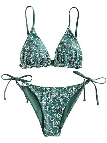 ZAFUL Women's Triangle Bikini Floral String Bikini Set Two Piece Swimsuit Bathing Suits - 2-greenish Blue - Large