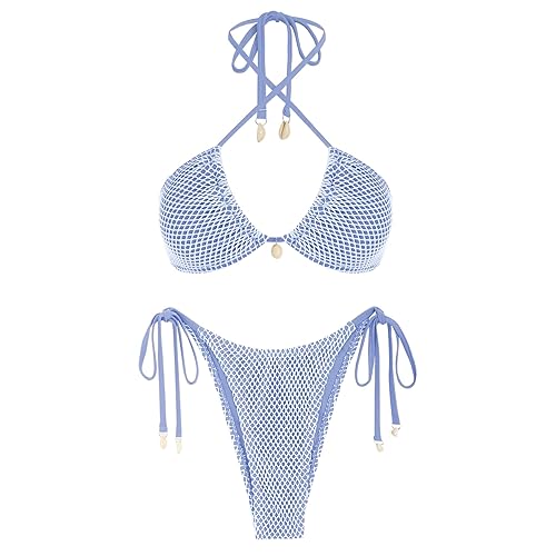 ZAFUL Women's Bikini Set Fishnet Triangle Tie Convertible Collar Halter Bandeau Shell Two Piece Bathing Suit - Large - Blue