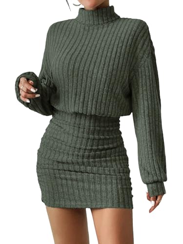 Women's Pullover Sweater Dress Long Lantern Sleeve Turtle Neck Cute Ribbed Knit Bodycon Mini Short Dress 2024 Fall - Green - Medium