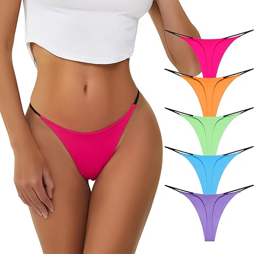 chahoo Sexy Underwear for Women Thong Low Rise G-String Panties 5-Pack Low Waist T Back String Underpants Gift for Women - Large - Pink,yellow,green,purple,blue