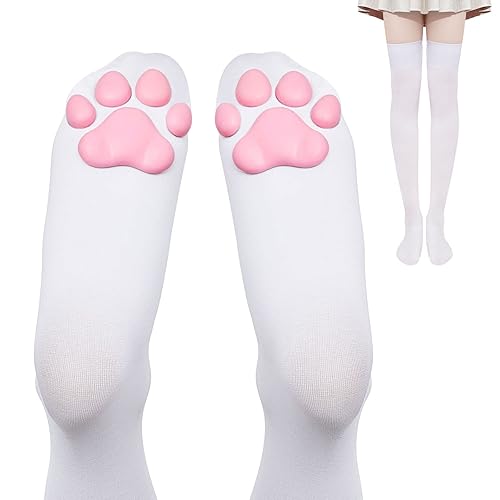 Geyoga Cat Paw Pad Socks Thigh High Pink Cute 3D Kitten Claw Stockings for Women Cat Cosplay - White-pink