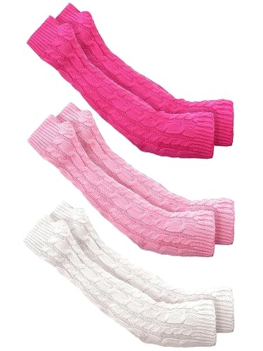 Bememo 3 Pairs Arm Warmers Long Fingerless Gloves Knit Wrist Warmers with Thumb Hole Open Finger Arm Socks for Women Adult - White, Pink, Rose Red