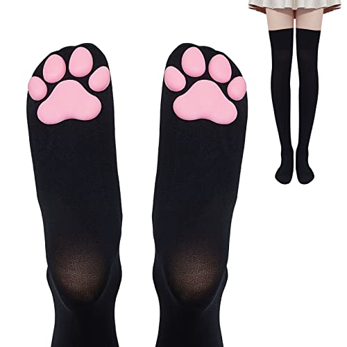 Geyoga Cat Paw Pad Socks Thigh High Pink Cute 3D Kitten Claw Stockings for Girls Women Cat Cosplay - One Size - Black-pink