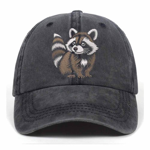 Cute Little Raccoon Vintage Washed Baseball Cap - Black / Adjustable 56-58 CM