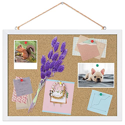 FEBSNOW Cork Board Bulletin Board 15.7 x 12 Inches with Rectangle White Frame Hanging Pin for Office Home Message Board or Vision Board Decoration - 15.7 x 12 Inches - White Border Color