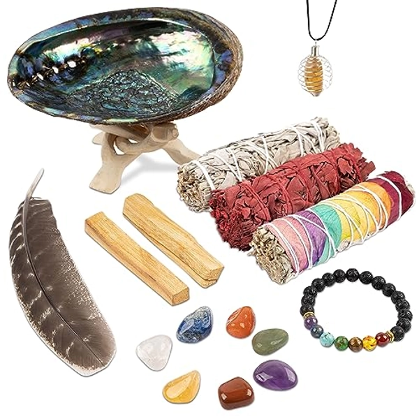 Wish Well Sage Smudge Kit ~ 4" Dragon Blood, Chakra Sage, White Sage Smudge Stick, 2 Palo Santo Sticks, Abalone Shell, Stand, Feather, 7 Chakra Stones & Crystal Bracelet Cleansing House & Meditation