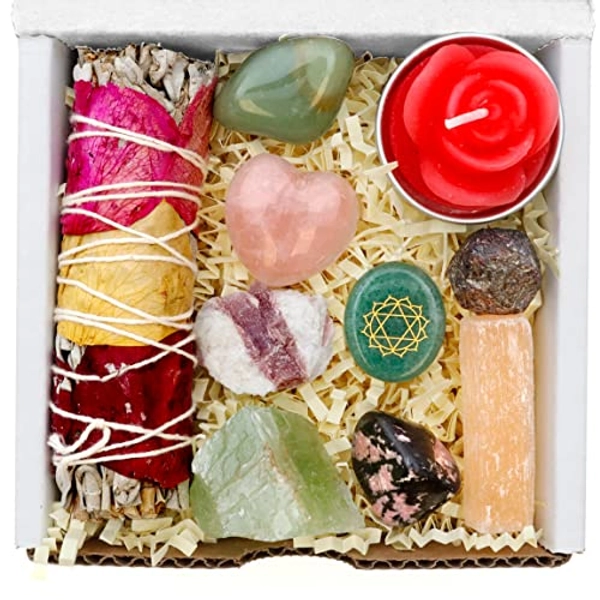 DANCING BEAR Healing Crystals (11 pc) Gift Set to Attract & Share Love, Rose Quartz Heart, Pink Tourmaline, Sage, Rhodonite, Butterfly Tattoo, Aventurine Heart Chakra Stone, Selenite, Made in The USA