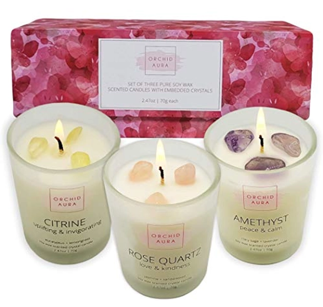 ORCHID AURA Soy Candles with Healing Crystals. Citrine, Rose Quartz, Amethyst Crystal. Eucalyptus + Lemongrass, Jasmine + Sandalwood, Clary Sage + Lavender. 3PC Scented Candle Set, 2.47oz Each