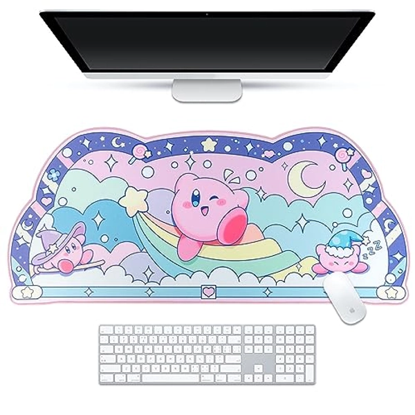 BelugaDesign Kirby Desk Pad | Kawaii Cute Anime Keyboard Gaming PC Laptop Mat | Large Super Smash Star Allies Forgotten Land Large Mat Mousepad | Pastel Pink Blue Desk Blotter Protector