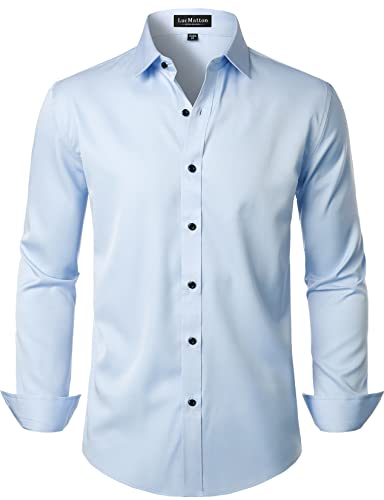 LucMatton Herren Kleid Hemd Formal Stretch Faltenfrei Langarm Slim Fit Button Down Shirts für Hochzeit Party - XL - Hell, Blau