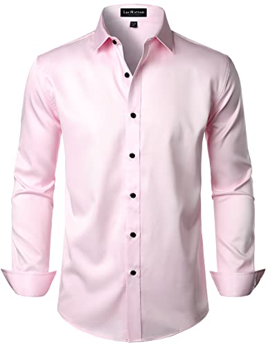 LucMatton Herren Kleid Hemd Formal Stretch Faltenfrei Langarm Slim Fit Button Down Shirts für Hochzeit Party - XL - Rosa
