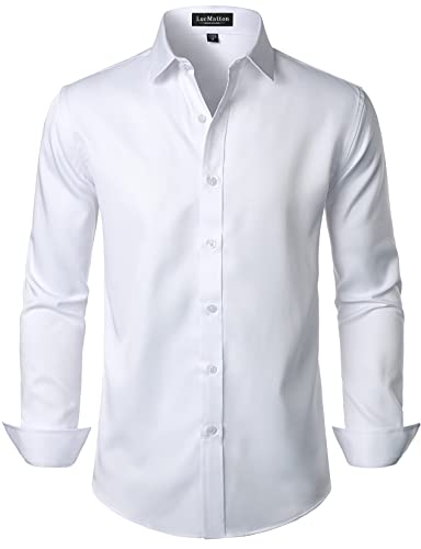 LucMatton Herren Kleid Hemd Formal Stretch Faltenfrei Langarm Slim Fit Button Down Shirts für Hochzeit Party - XL - Weiß, Einfarbig