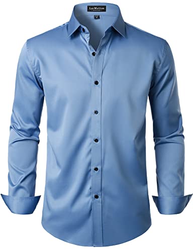 LucMatton Herren Kleid Hemd Formal Stretch Faltenfrei Langarm Slim Fit Button Down Shirts für Hochzeit Party - XL - Blau (Ink Blue)