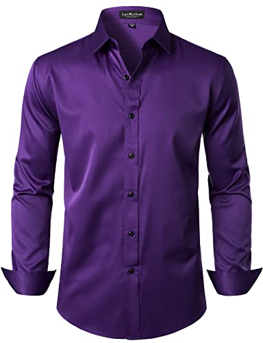 LucMatton Herren Kleid Hemd Formal Stretch Faltenfrei Langarm Slim Fit Button Down Shirts für Hochzeit Party - XL - Violett