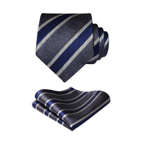 Stripe Tie Handkerchief Set - A-CHARCOAL/NAVY BLUE/GRAY | One Size