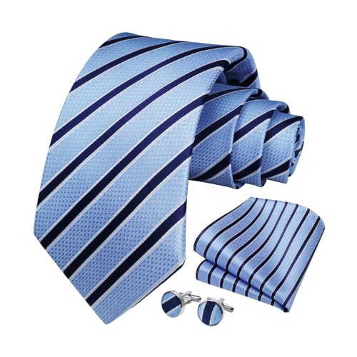 Stripe Tie Handkerchief Cufflinks -  01-SKY BLUE | One Size