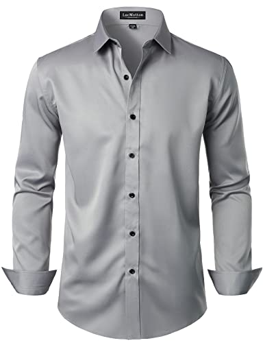 LucMatton Herren Kleid Hemd Formal Stretch Faltenfrei Langarm Slim Fit Button Down Shirts für Hochzeit Party - XL - Grau