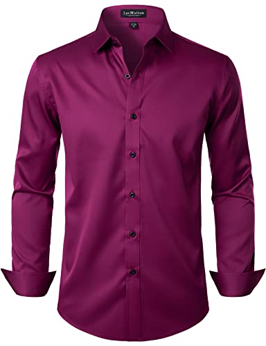 LucMatton Herren Kleid Hemd Formal Stretch Faltenfrei Langarm Slim Fit Button Down Shirts für Hochzeit Party - XL - Fuchsia