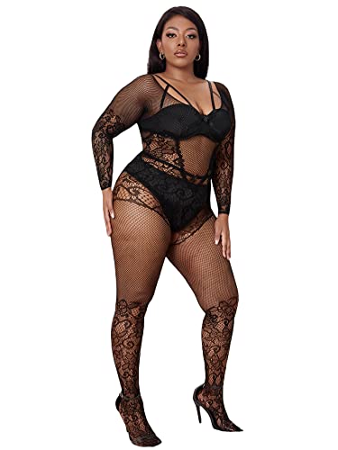 Milumia Women's Plus Size Fishnet Bodystocking Lingerie Sheer Body Stockings Nightwear - One Size - Long Sleeve Black