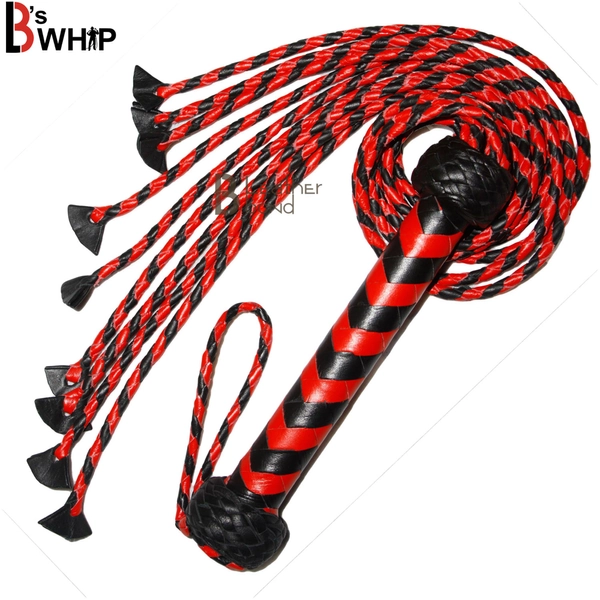 Real Genuine Cow Hide Leather Flogger 9 Braided Falls Red & Black Heavy Duty Cat-O-Nine