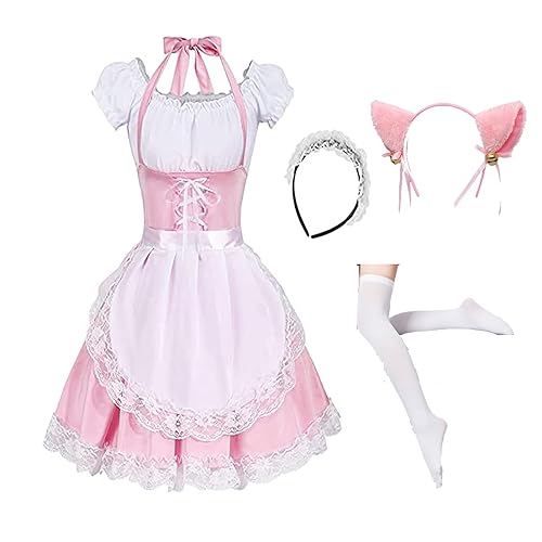 maxToonrain Women's French Maid Costume Maid Fancy Dress Anime Cosplay Party Maid Outfit for Ladies - A02-6pcs-pink - M-L
