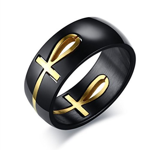 XUANPAI Eye of Horus Rings for Men Women-Stainless Steel Polished Fashion Egyptian Jewelry,Ankh Design Talisman Protection Jewelry Egyptian RingSize 7 to 12,Color S - Black+Gold - 11