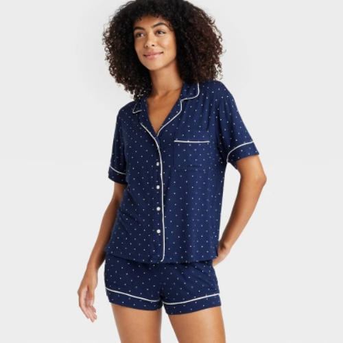 Women's Polka Dot Cloud Knit Short Sleeve Top and Shorts Pajama Set 