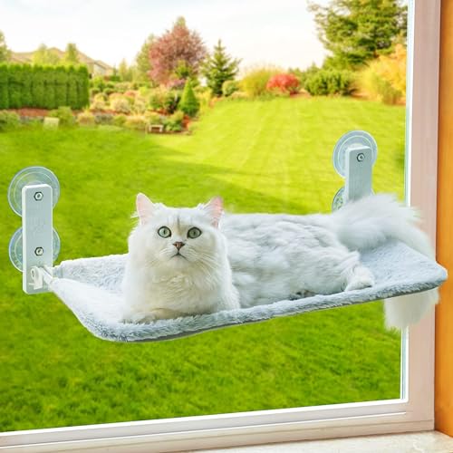 MEWOOFUN Plegable Hamaca Gato Ventana | Cama Gatos con Ventosa Fuerte Alfombra Reversible | Cama para Gatos | Soportar hasta 18kg (Grey M-52x30x20cm) - M-Grey