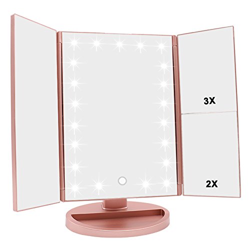 WEILY Tri-fold Vanity Mirror, 21 LEDs and 2X/3X Magnification, Touch Switch for Adjusting Brightness, Dual Power Supply mode Makeup Mirror (Rose Gold) - Rose Gold