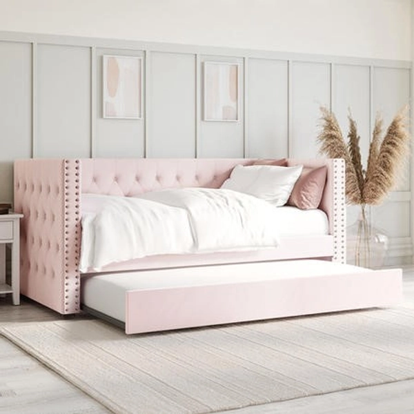 Single Day Bed Sofa with Trundle in Pink Velvet